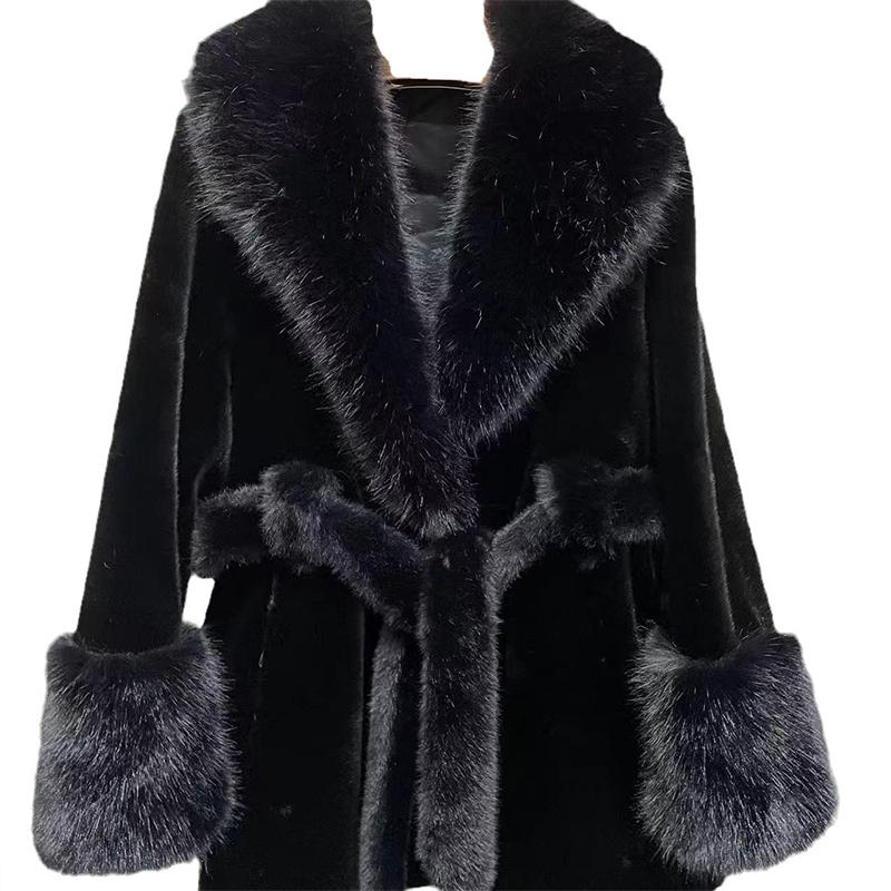 Однотонное искусственное меховое пальто средней длины для женщин, зимнее, с большим воротником из искусственного меха лисы и длинными рукавами, парки, модная верхняя одежда