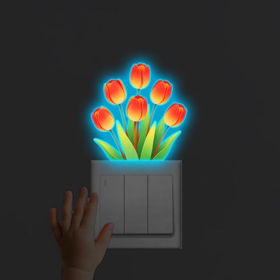 Light Switch Decal Glow-in-the-Dark Tulip Sticker, Waterproof Floral Wall Decoration Decal, Peel Bedroom and Stick Sticker for Living Room Removable