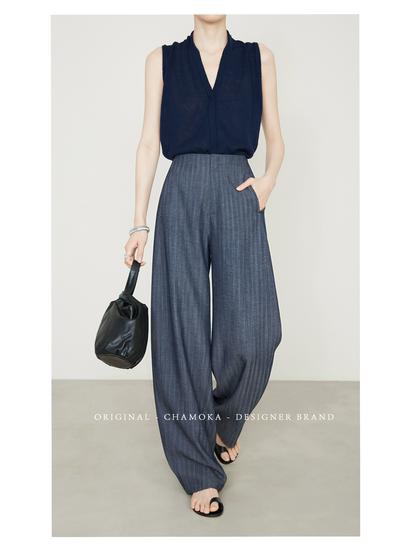 Women's Anti-Wrinkle Tencel Linen Pants, Spring/Summer, Loose Herringbone, Wide-Leg Design, Original Linen Color, Style 7896.