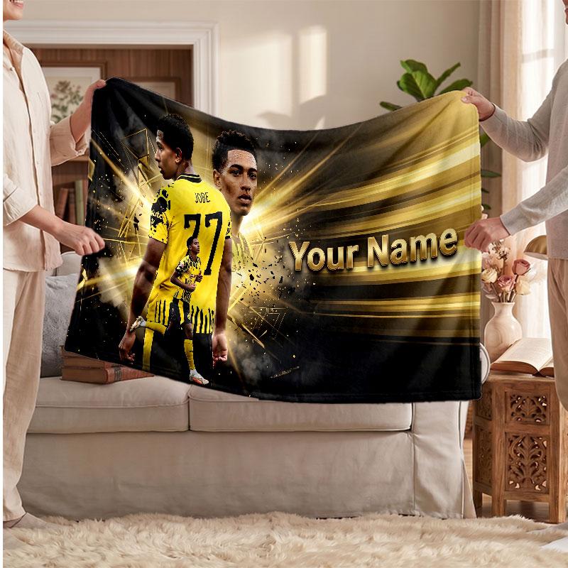 Jude Bellingham Personalized Fleece Blanket With Football Logo, Custom Name Text Soft Warm Home Throw Blanket