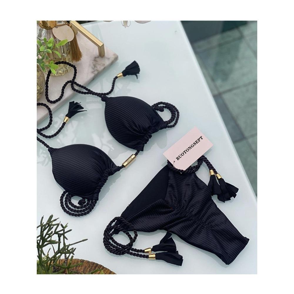 Европейский и американский купальник сексуальный треугольный мешок женский раздельный однотонный сексуальный многоцветный плетеный веревочный бикини