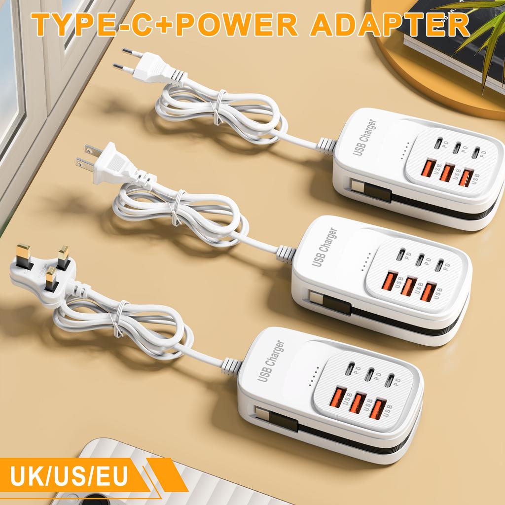 6-в-1 USB-удлинитель PD Type C Быстрая зарядка Адаптер питания для телефона Для iPhone Samsung Xiaomi EU Штекер Настенная розетка-зарядное устройство