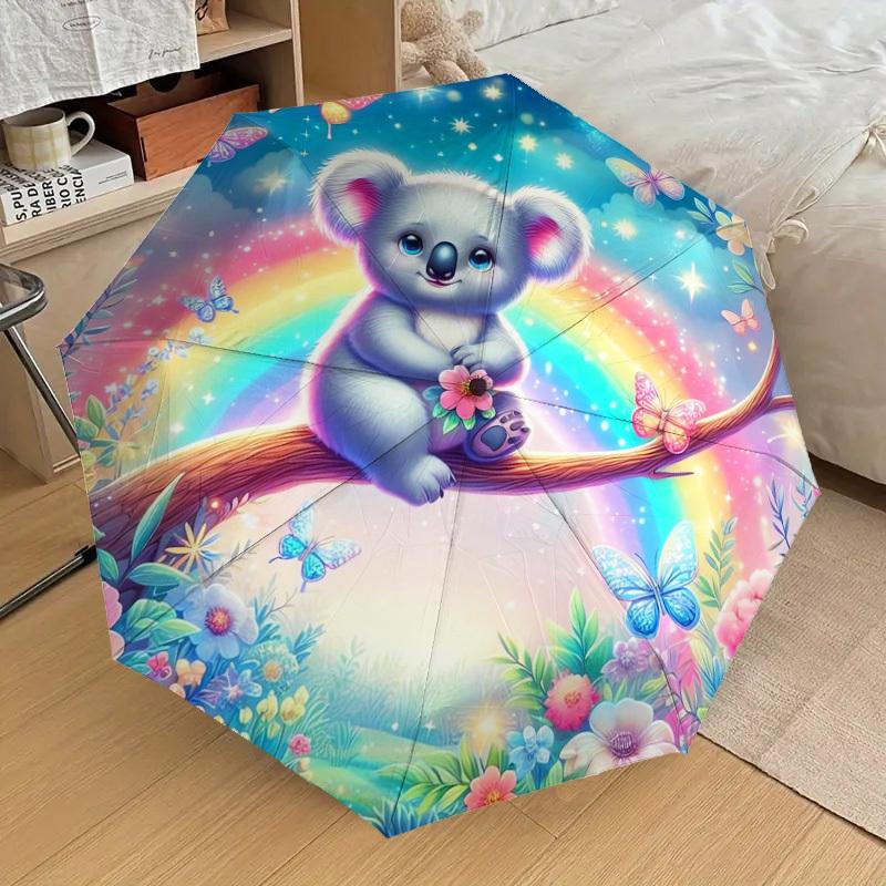 1pc Koala with Rainbow Flowers Umbrella with Plastic Handle,Suitable for All Seasons Home Travel Outdoor UmbrellaDD765