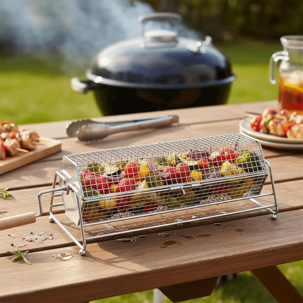 with Wood Handle Rolling BBQ Grill Mesh Basket Stainless Steel Grill Rotisserie Basket  Picnic