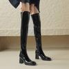 Зимние конные ботинки из искусственной кожи с квадратным носком на толстом высоком каблуке, женские эластичные сапоги выше колена на молнии для молодых леди