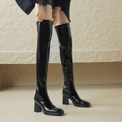 Зимние конные ботинки из искусственной кожи с квадратным носком на толстом высоком каблуке, женские эластичные сапоги выше колена на молнии для молодых леди