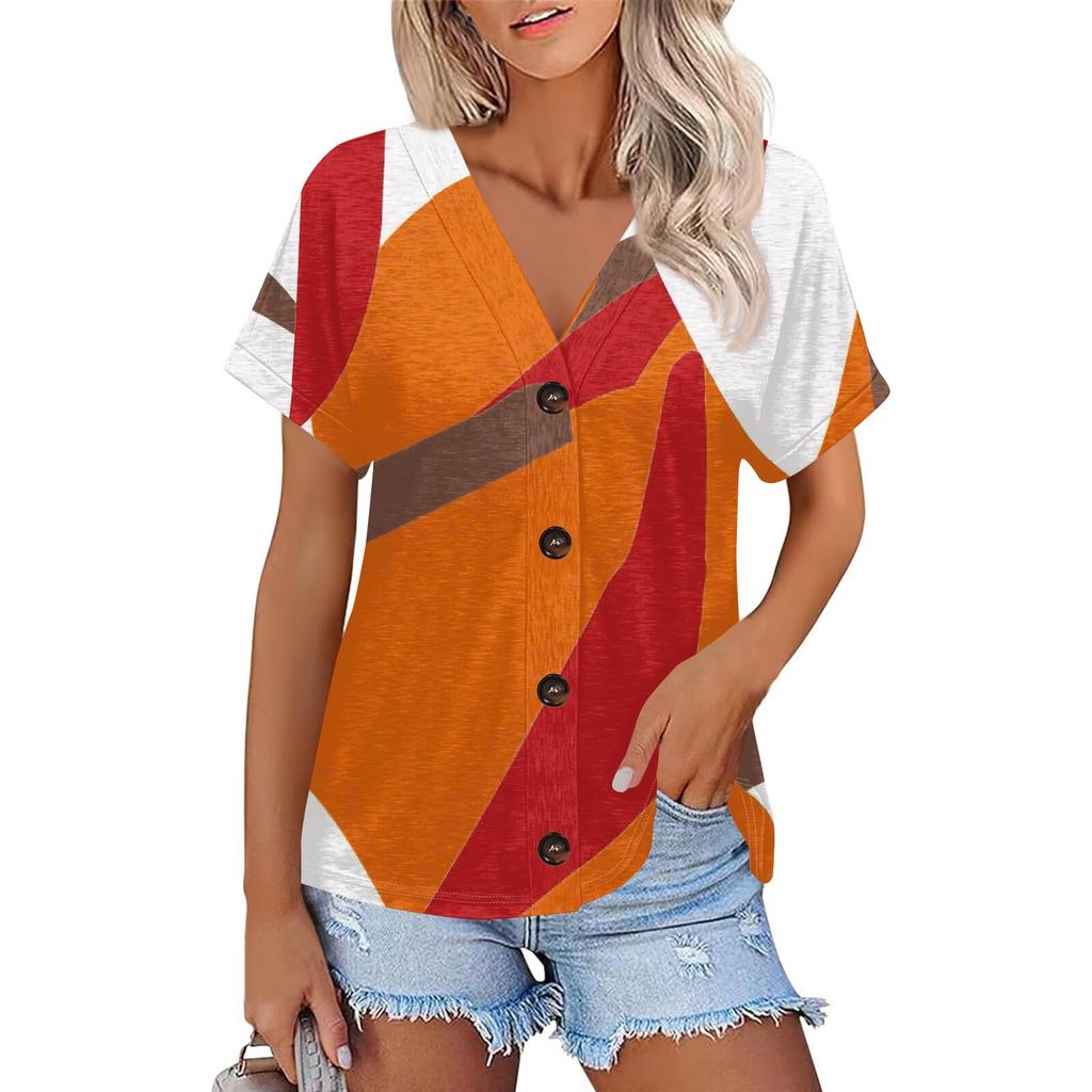 Женская модная футболка с короткими рукавами и V-образным вырезом, цветным принтом в стиле пэчворк, на пуговицах