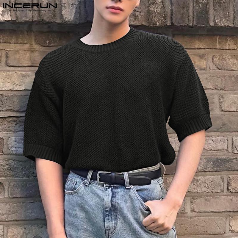 INCERUN Летние мужские футболки с коротким рукавом и круглым вырезом, с фактурной строчкой, свободные топы
