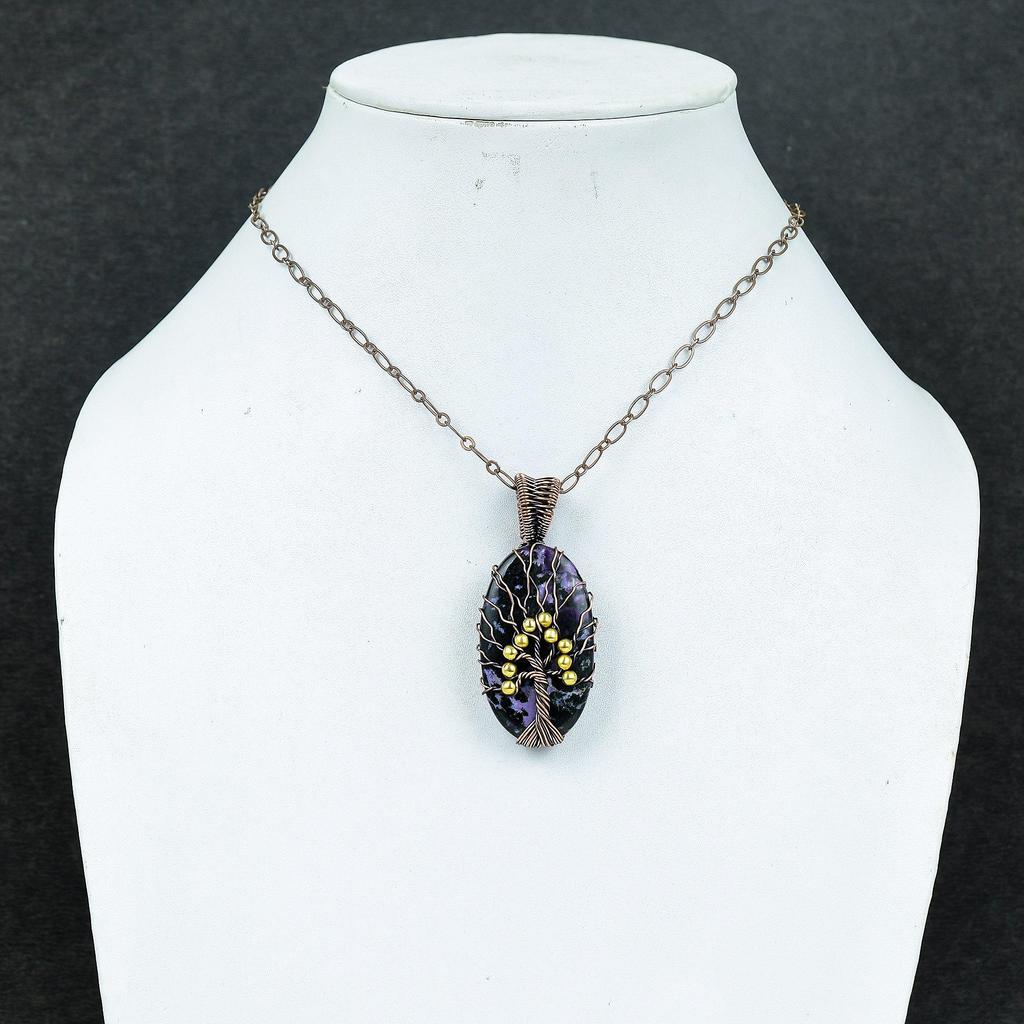 Charoite Handmade Gemstone Pendant, 999 Copper Wire Wrapped Pendant Antique Tree Of Life Jewelry, For Engagement Gift
