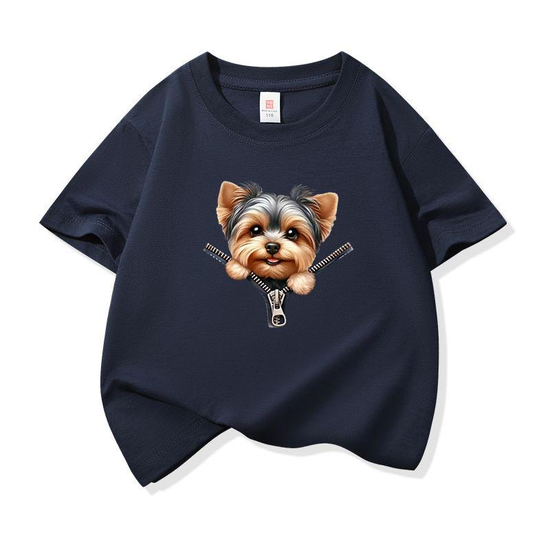 Kids Cotton T Shirt Sweet Yorkshire Terrier Dog Zipper Print Crew Neck Short Sleeve Tee Casual Breathable Boys Girls Summer Tops