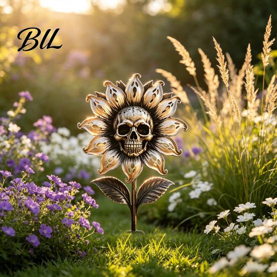 Spooky Walkway Path Markers Metal Skull Sunflower Garden Stake, 2D Gothic Ghost Petal Yard Art Halloween Party Signs Weatherproof Iron Outdoor