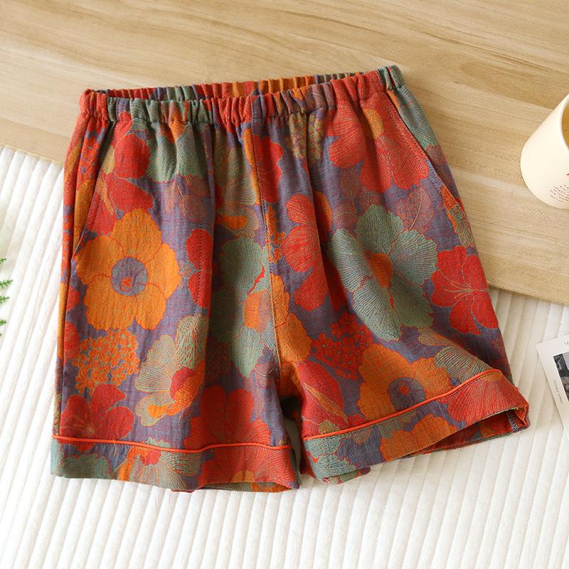 Летние женские шорты 100% хлопок винтажная пряжа ткачество напечатанная пижама тонкие свободные карманы шорты домашние брюки