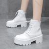 Осень Зима Новые Ботильоны из Мягкой Кожи Женская Обувь Платформа На Шнуровке Челси Черные Белые Короткие Ботильоны На Толстом Каблуке