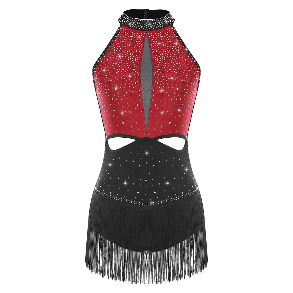 Женский латиноамериканский джазовый танцевальный купальник, полностью расшитый стразами, юбка с бахромой, открытая спина, контрастный боди