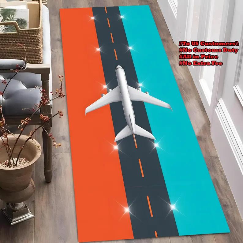 Airport Runway Rug, Kids Play Mat, Plane Decor Runner Rug for Entryway, Area Rugs for Bedroom, with Non Slip Carpet for Bedside