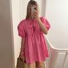 Summer Women Dress Lace-up Bow Decor Hollow Out O Neck Leopard Print Short Puff Sleeves Solid Color A-line Pleated Dating Party Mini Dress