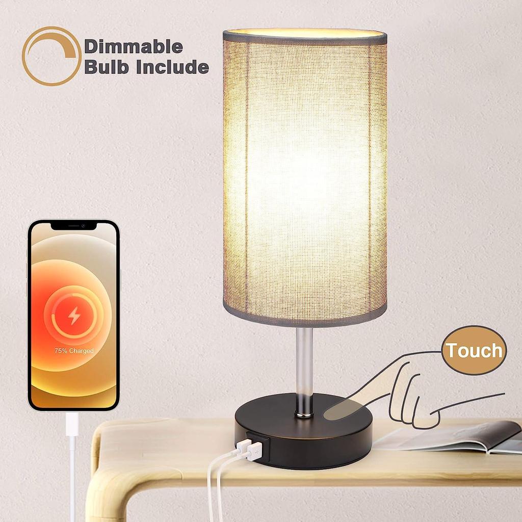Прикроватная лампа, настольная лампа с USB-портом для зарядки, небольшая настольная лампа с 3 цветовыми режимами, настольная лампа для спальни с серым тканевым абажуром.