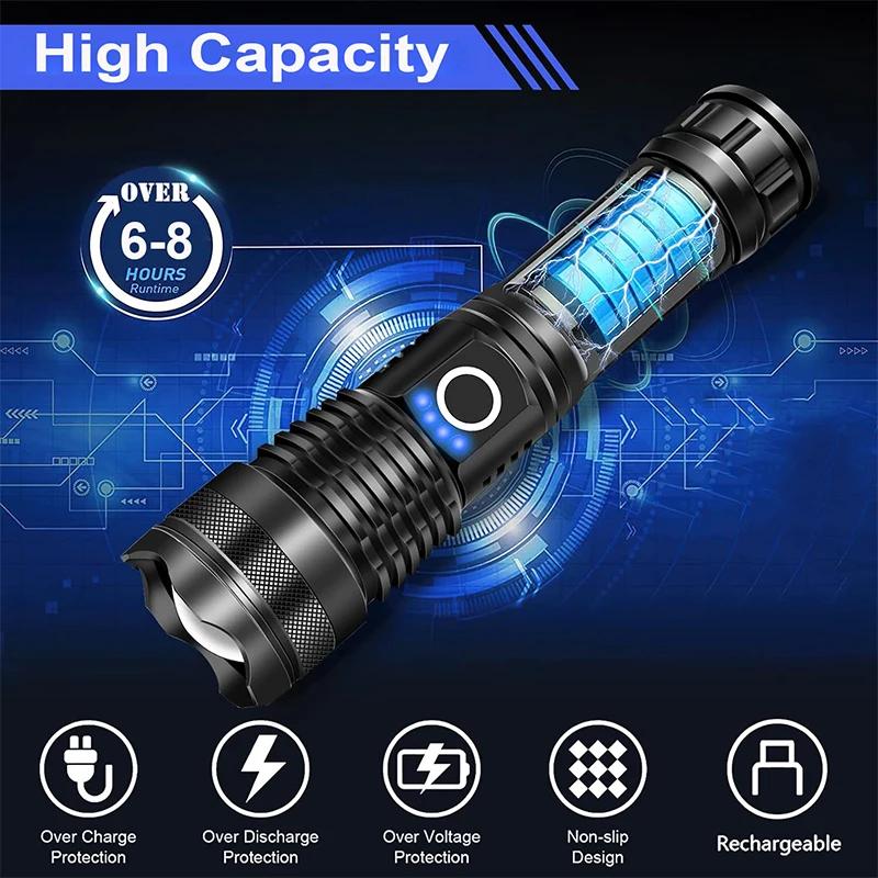 High Power LED Flashlight Rechargeable 5 Mode Aluminum Alloy Telescopic Zoom Torch Tactical Lamp for Outdoor Camping Fishing