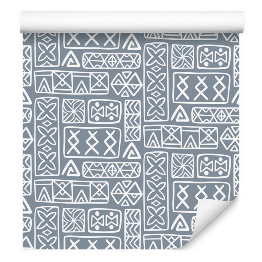 Polynesian Geometric Pattern Wallpaper Light Gray and Blue 50x1000