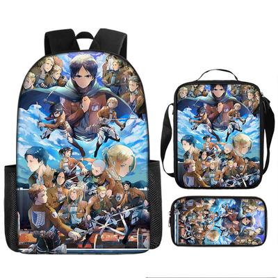 Набор из трех рюкзаков Attack Giant School Bag Anime для мужчин и женщин, большой вместительный, для активного отдыха и путешествий.