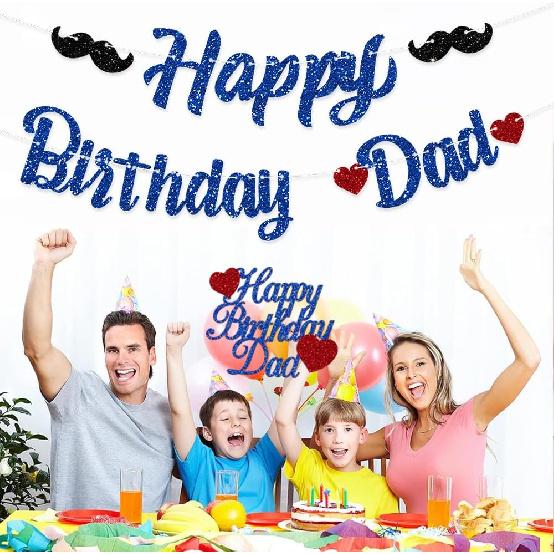 Pre-strung Happy Birthday Dad Decorations Banner Daddy Cake Topper Blue Glitter Father's Day Best Dad Ever Decor Party Supplies NO DIY