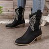 Fashion V-shaped Embroidered Sleeve Thick Heel Knight Boots Retro Mid Top Pointed Western Cowboy Boots