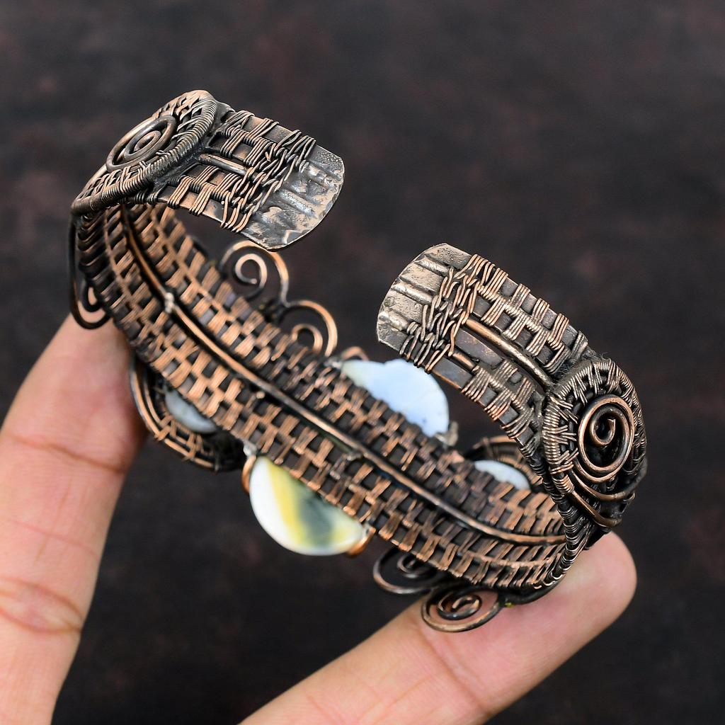 Owyhee Браслет-манжета с синим опалом Радужный браслет из лунного камня Медная проволока Браслет-манжета Регулируемый браслет ручной работы Драгоценный камень Медные украшения