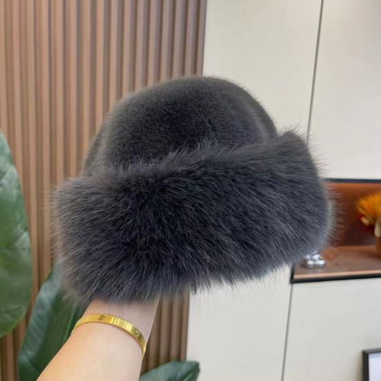 Women Winter Hat Thick Plush Faux Fur Heat Retention Windproof Mongolia Style Bucket Hat Solid Color Outdoor Cycling Skiing Panama Cap