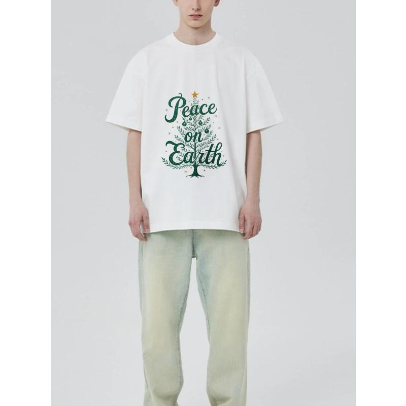 Black T Shirt Peace on Earth Christmas Tree Design Holiday Season Wear