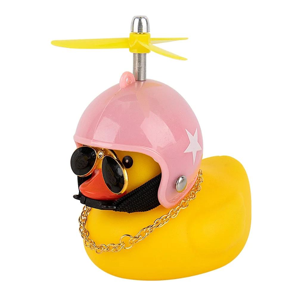 Rubber Cute Duck Toy Car Ornaments Yellow Duck Car Dashboard Decorations Cool Glasses Duck with Propeller Helmet Gold Chain