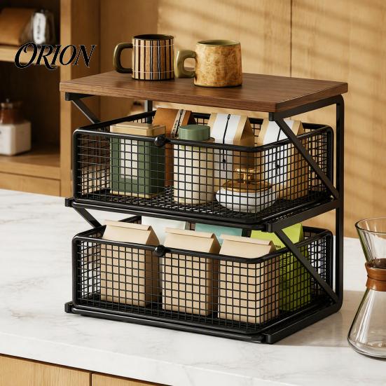 Dust Proof Storage Drawer Coffee Station Organizer with Drawer, Tiered Bar Organizer, Wooden Top Shelf, Small Desktop Furniture Wire Mesh Drawers for