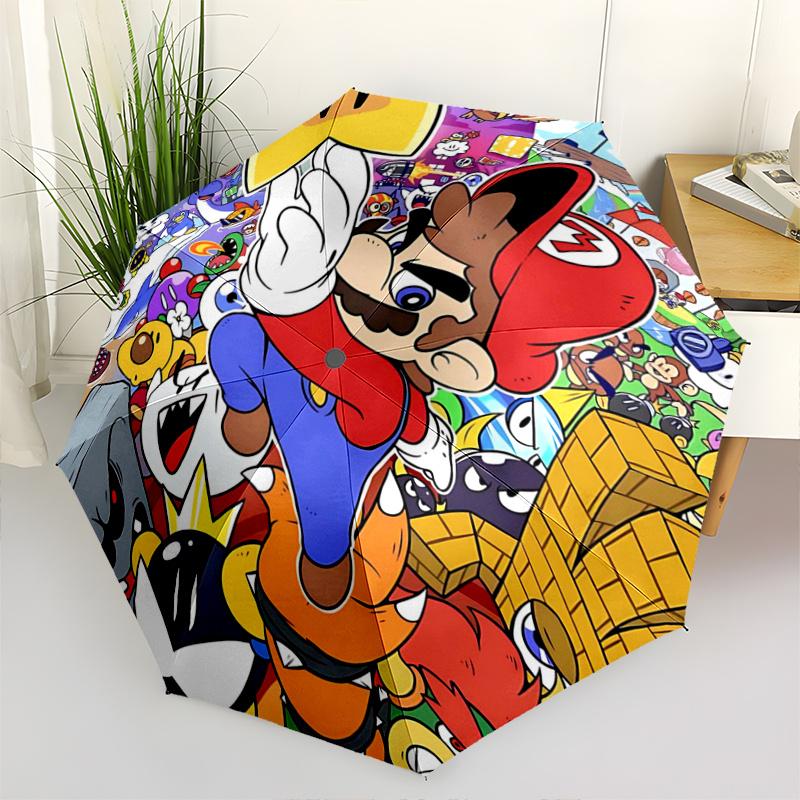 1pc Colorful Journey Super Mario Adventure Automatic 3-Fold Cartoon Practical Umbrella Design, Cute Cartoon Pattern, Portable Outdoor Umbrella, Perfec