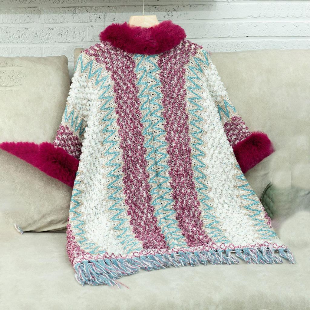 Осень и зима Женский принт Свободный рукав летучая мышь Перекрестная граница Плащ Кардиган Трикотаж Свитер с V-образным вырезом