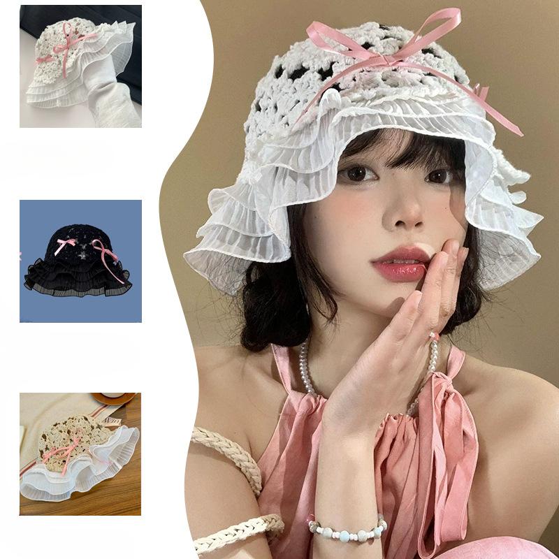 Вязаная ажурная шляпа-ведро с бантом для женщин, защита от солнца, маленькое лицо, кружевная шляпа-ведро, японская шляпа для большой головы, трендовая
