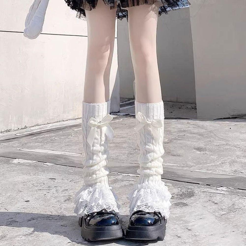 Lace Trim Lace Lolita Socks Ruffled Design Bow Tiered Socks T-shaped Lace Socks  Japanese Style