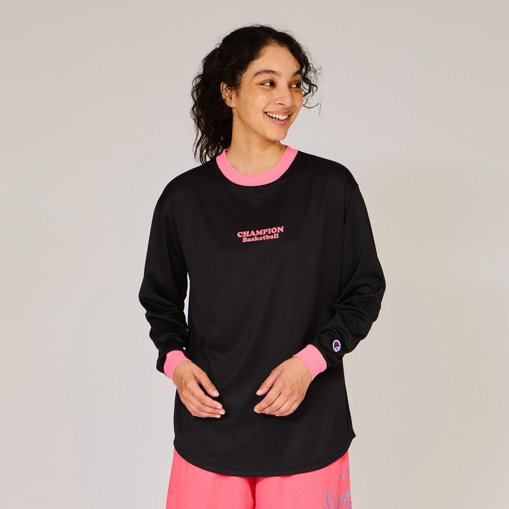 Champion Long Sleeve Crew Quick Graphic Logo Black T-Shirt, Neck, Antibacterial, Deodorizing, Drying, Print, Basketball, CW-AB426, Women's,