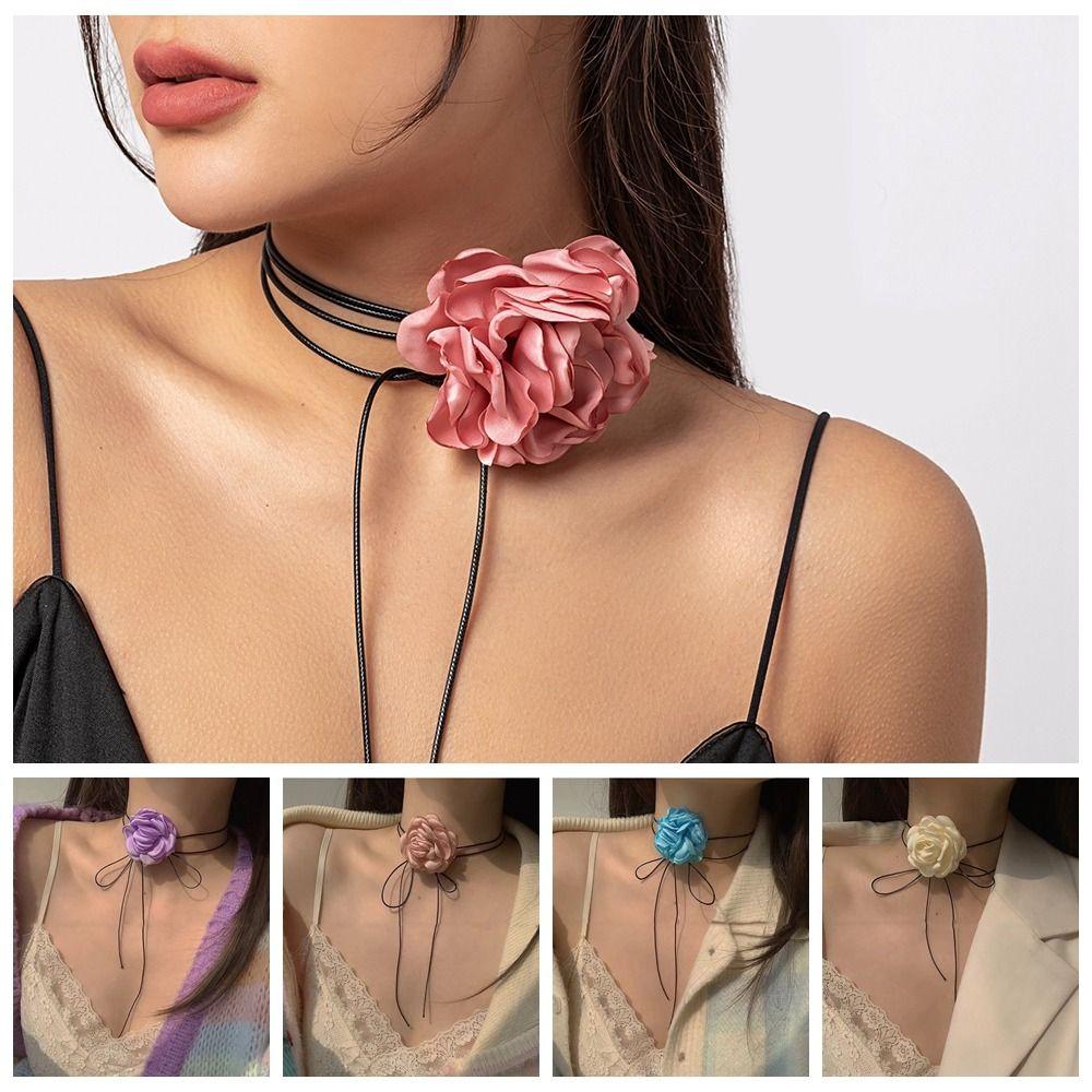 Cloth Big Flower Choker Lace-up Rope Knot Clavicle Chain Exquisite Flower Necklace  Women
