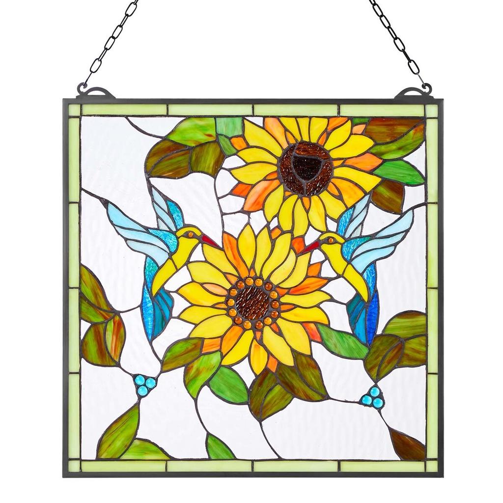 Stained Glass Window Panel, 502 x 520 mm, Tiffany Style Hanging Transom Window Panel with Chain, Large Vertical Rectangle Stain Glass, Vintage