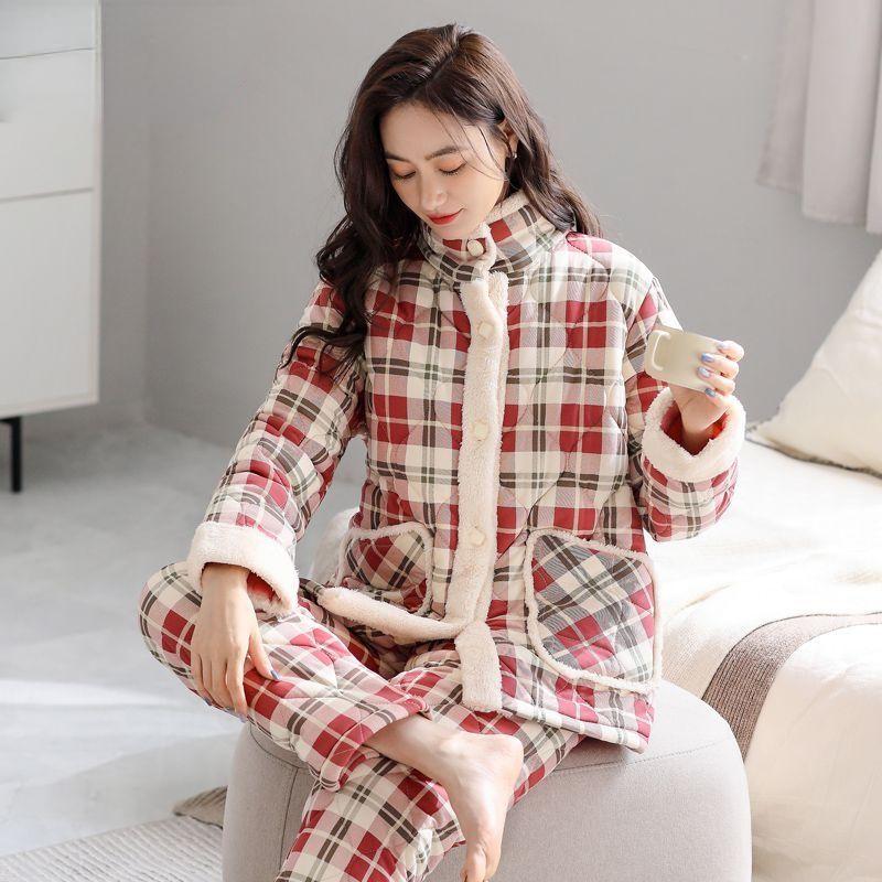 Куртка Пижама Женская Зимняя Трехслойная Теплая Плюшевая Утолщенная Домашняя Одежда Повседневная Для Молодежи Среднего Возраста Комплект Пижамы
