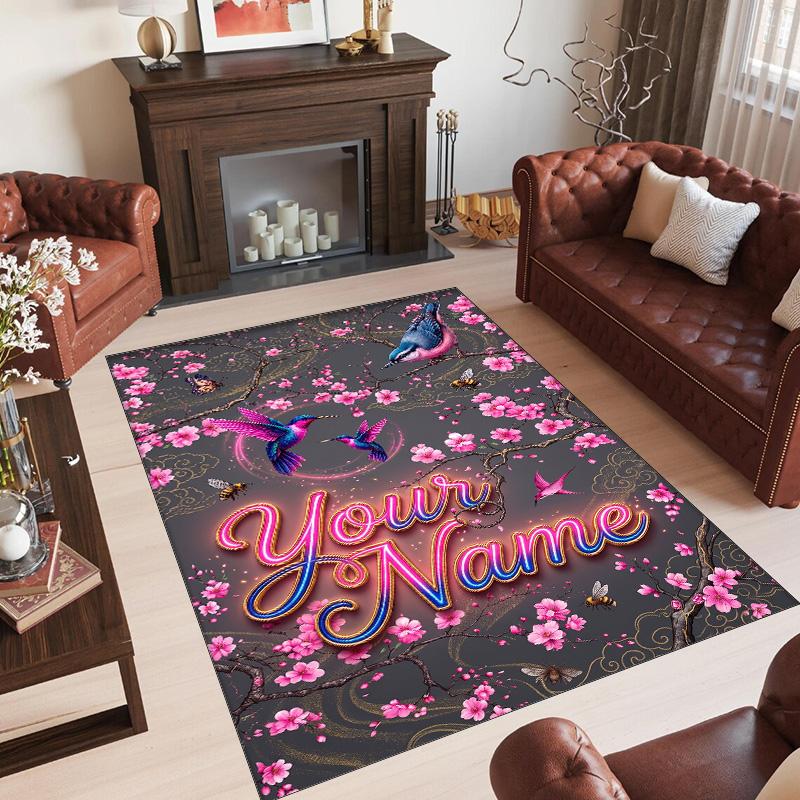 Bird Theme Crystal Velvet Rug Personalized Custom Name Text Soft Floor Mat Home Decor