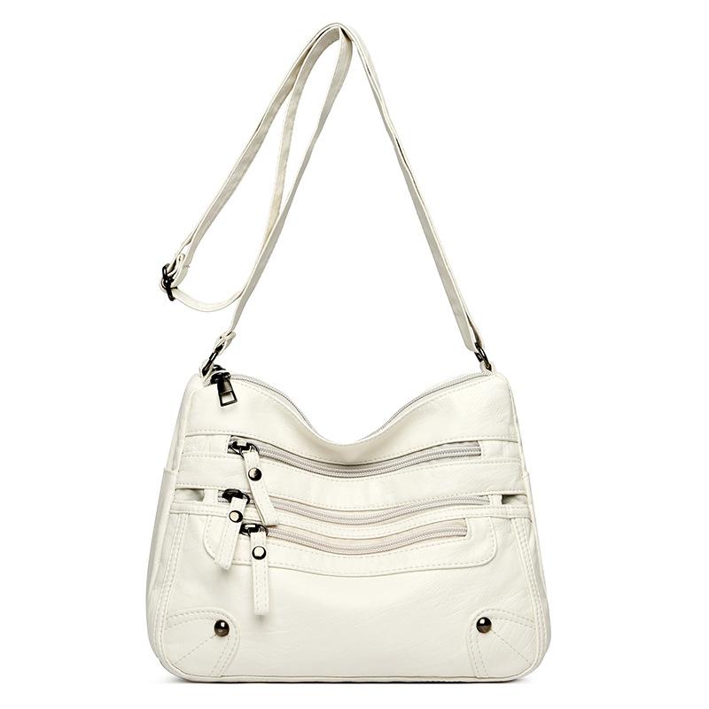Solid Color Multi Zipper Bag Vintage Soft Leather Shoulder Bag Casual Crossbody Purse For Work