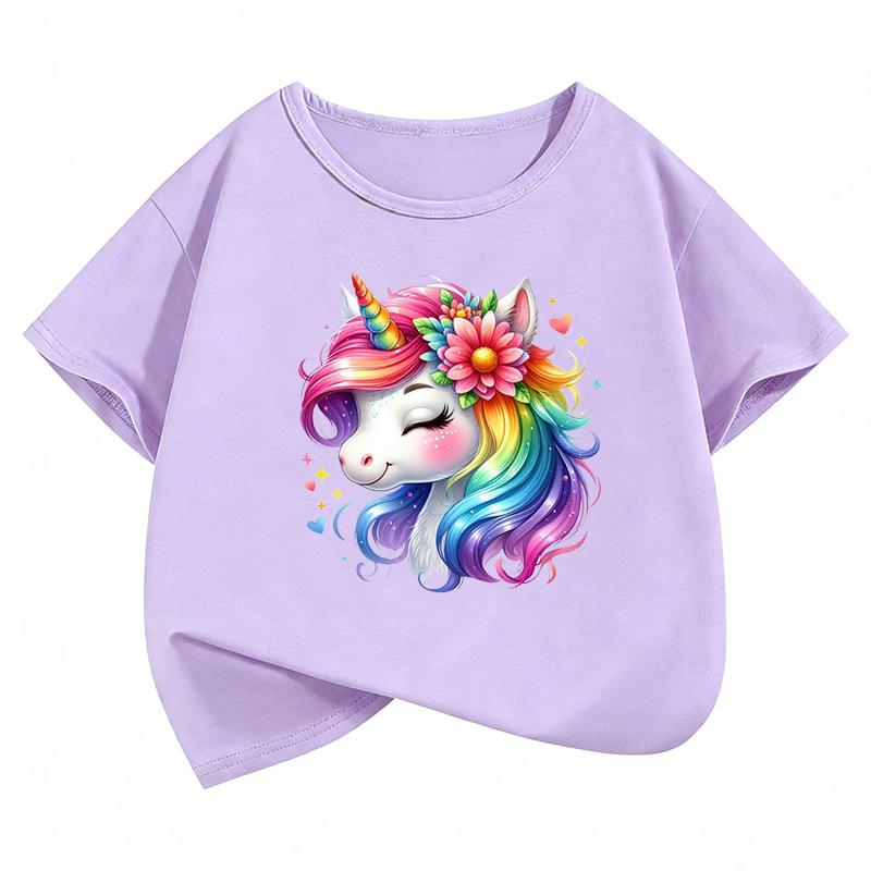 Fashion Horse with Rainbow Design TShirt Printed T Shirt Girls Summer Clothes Short Sleeve Tops TShirts Cute Girls Clothing