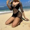 Women Summer Beach Cover-up Hollow Out Long Sleeves Slim Fit Low-cut V Neck Backless See-through Bikini
