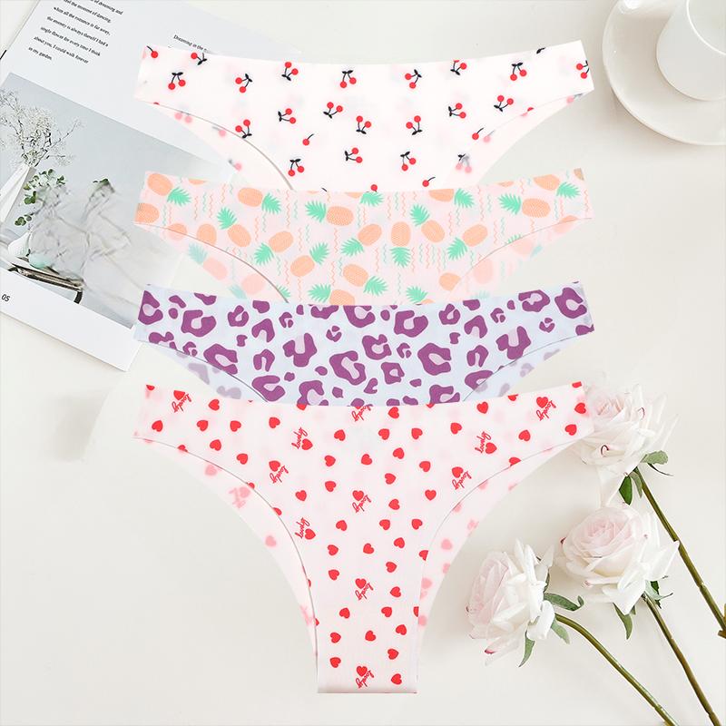 4Pcs/Set Seamless Colorful Brazilian Pants Lady Sexy Underwear Ice Silk Underpants Low Waist G-string Soft Thin Briefs