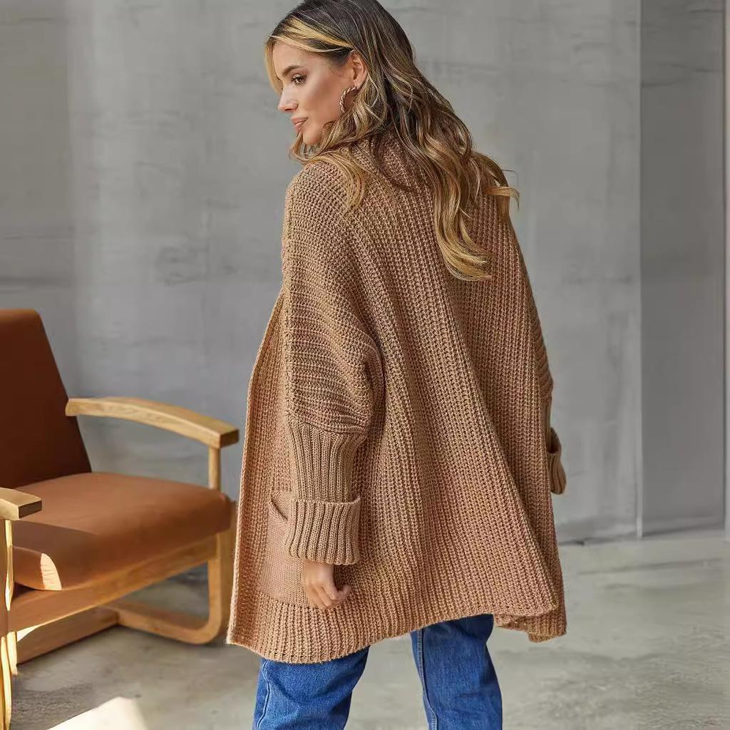 Женский повседневный вязаный кардиган большого размера с длинным рукавом и V-образным вырезом, свободный дышащий свитер средней длины с карманом, однотонное простое модное мягкое трикотажное пальто