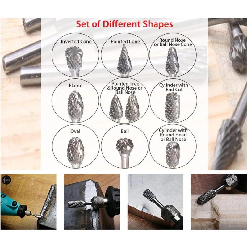 10pcs/set Carbide Rotary Burr Set Carving Burr Bits with 3mm Shank 6mm Bit for Wood & Stone Carving, Steel Metal Working