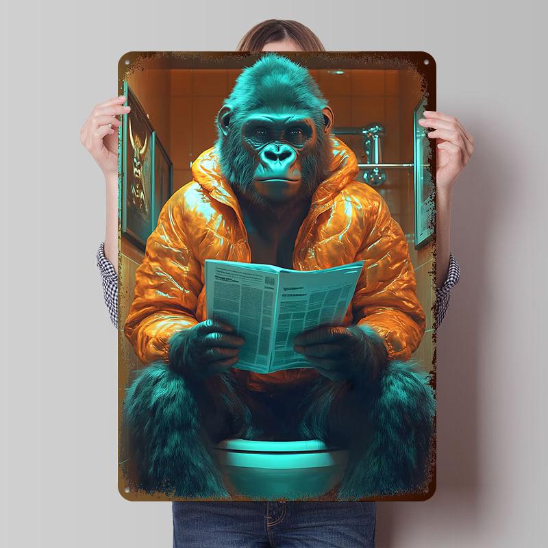 Gorilla Reading on Toilet Tinplate Posters Customizable Wall Art Retro Vintage Metal Signs for Home Room Decoration Gaming Cozy