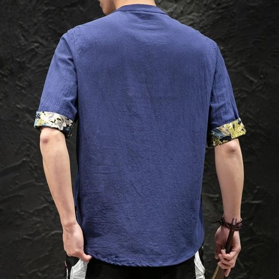 Мужская весенняя рубашка в китайском стиле с воротником-стойкой и принтом на манжетах с коротким рукавом, сплошной цвет, однобортный узел, пуговицы, неровный подол, кардиган средней длины, топ