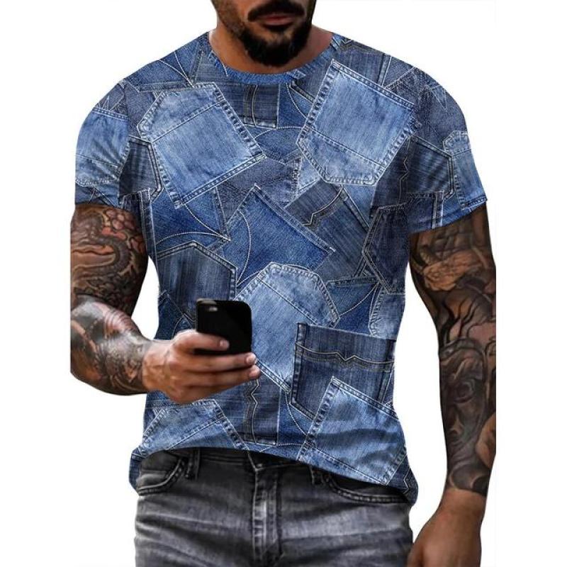 Vintage T-Shirt For Men Patchwork Denim Graphic Tee 3D Printing Short Sleeve Casual T Shirt Oversized Men's Clothing Tops Summer