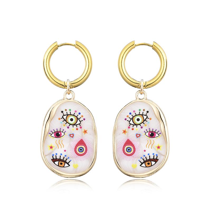 Trendy Colorful Eye Heart Star Pattern Stainless Steel Hoop Earrings Woman Vintage Geometric Enamel Gold Color Female Jewelry